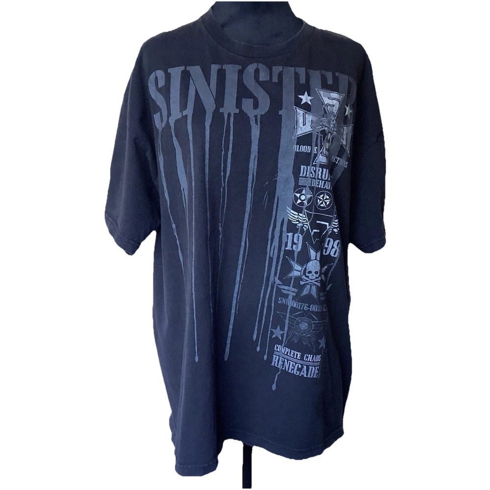 Sinister Brand Black Short Sleeve TShirt Men XL Punk 90s Grunge Militia VTG SKUL
